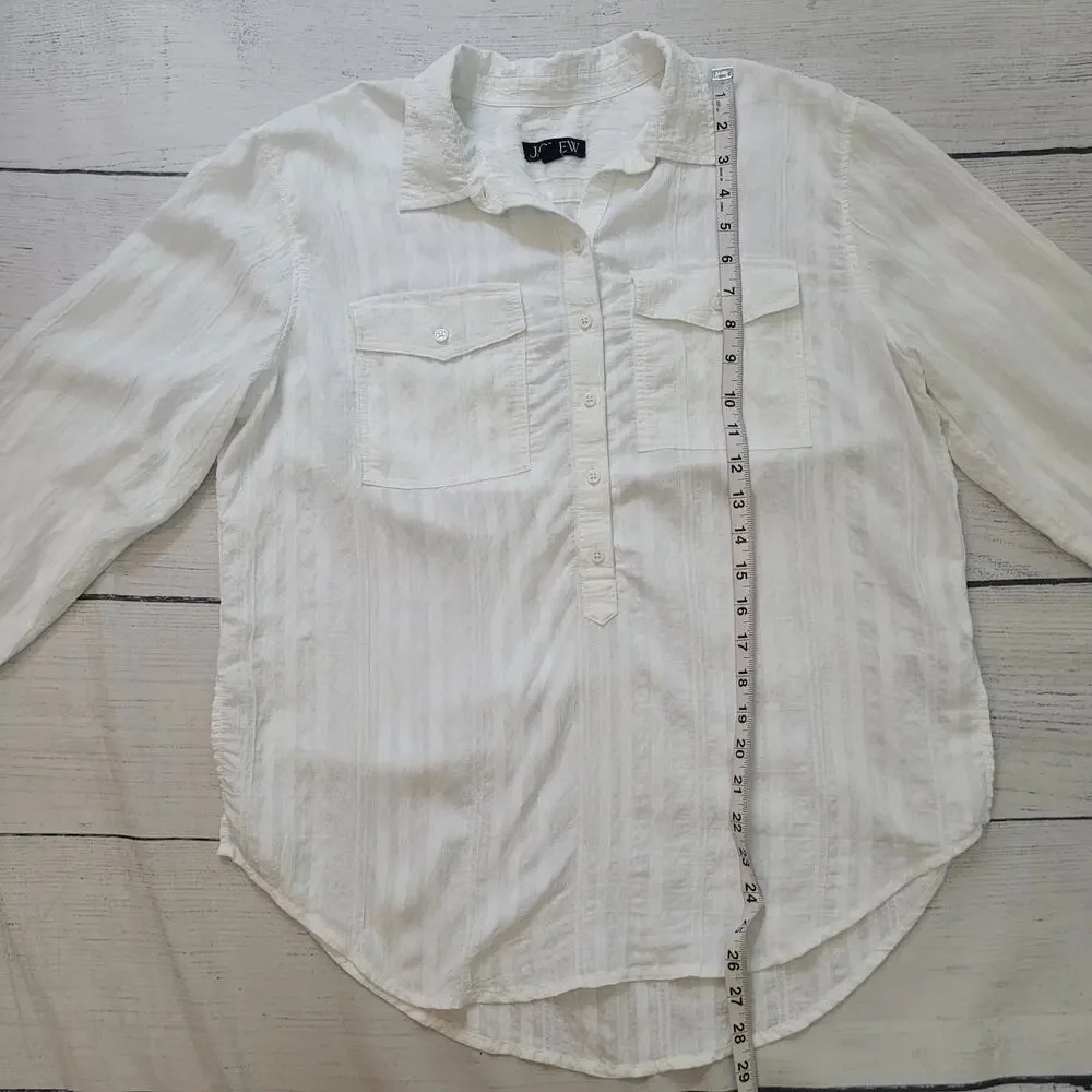 J. Crew Size M White Long Sleeve Popover Textured‎ Cotton Gauzey Minimalist